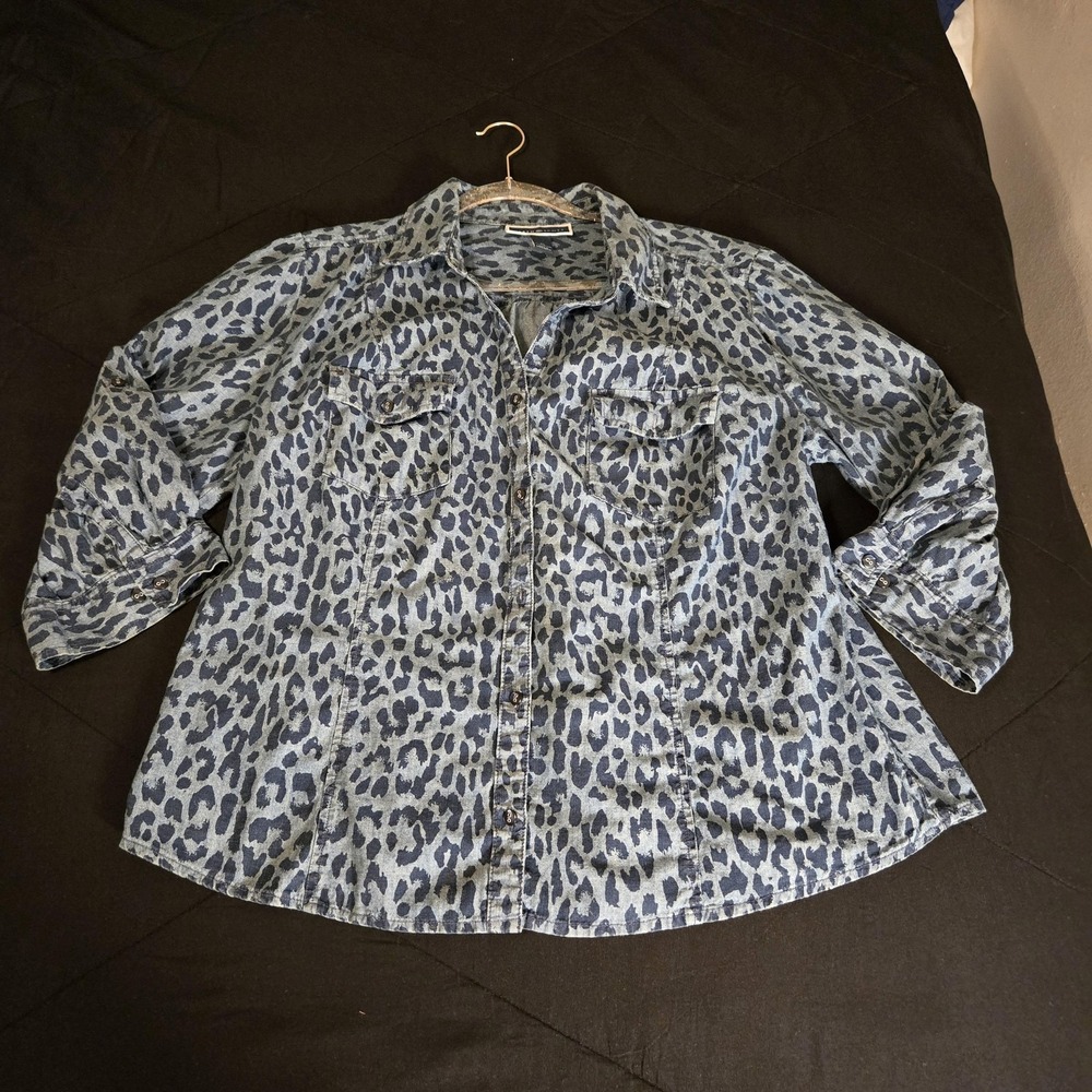 Karen Scott Shirt Womens XL Blue Leopard Print 100% Cotton Chambray Tunic Top